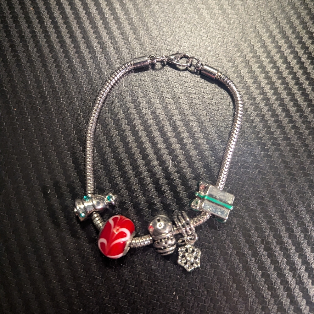 Silver Charm Bracelet with Red Bead